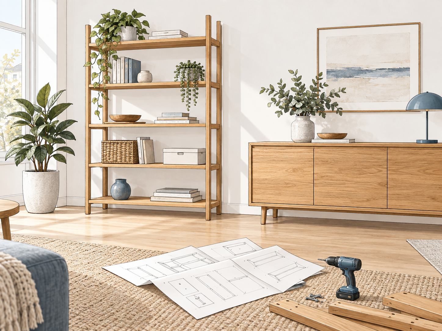 Gezeichnete Wohnraumszene mit Holzmöbeln und Montageplanung
